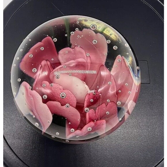 Pink Flower Art Glass Bullicante Bubble Modern Round Paperweight Murano Style - Picture 1 of 15